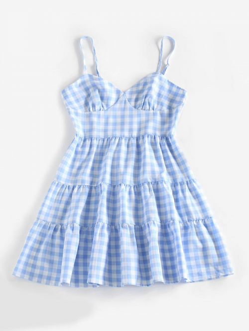 Mini Dress ZAFUL Gingham Tiered Cami Sundress L Light blue