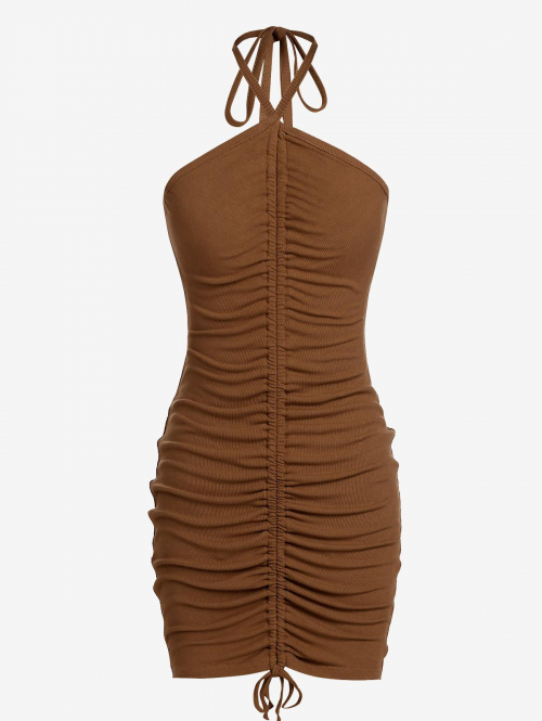 Bodycon Dress ZAFUL Ribbed Cinched Halter Slinky Dress S Deep coffee