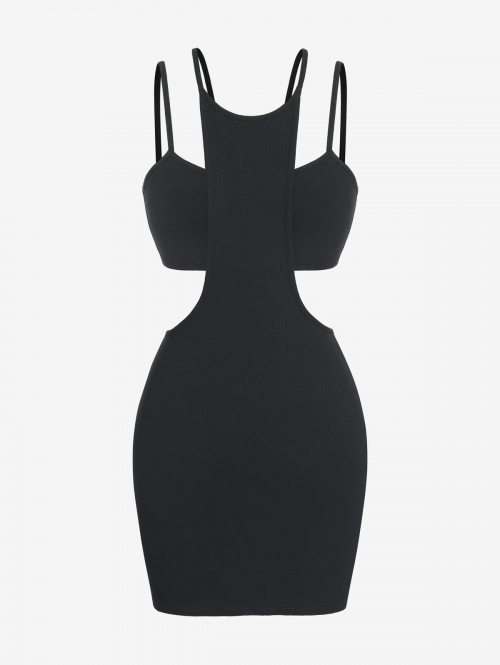 Bodycon Dress ZAFUL Ribbed Dual Strap Cutout Bodycon Dress S Black