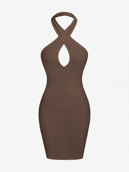 Bodycon Dress ZAFUL Ribbed Halter Backless Bodycon Dress S Deep coffee