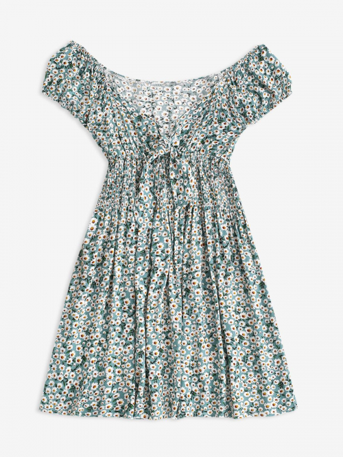 Print Ditsy Daisy Floral Knotted Smocked Dress M Light green