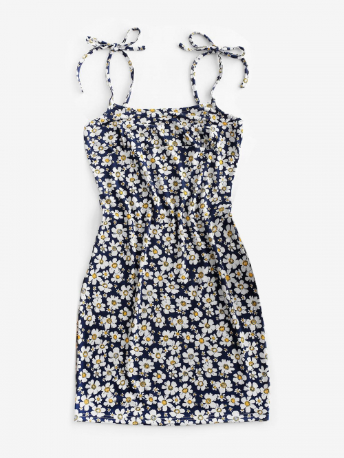 Mini Dress Tie Floral Bodycon Dress L Deep blue