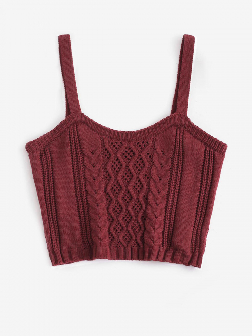 Women Tank Tops Cable Pointelle Knit Crop Tank Top M Deep red