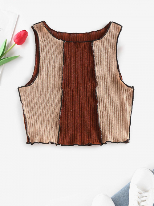 Women Tank Tops ZAFUL Knitted Colorblock Topstitching Tank Top L Coffee