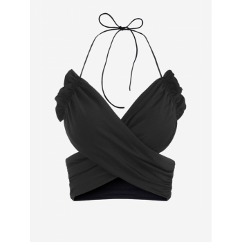 Women Tank Tops Halter Frilled Crossover Ruched Crop Top S Black