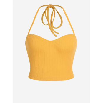 Women Tank Tops ZAFUL Solid Ribbed Halter Tank Top L Yellow