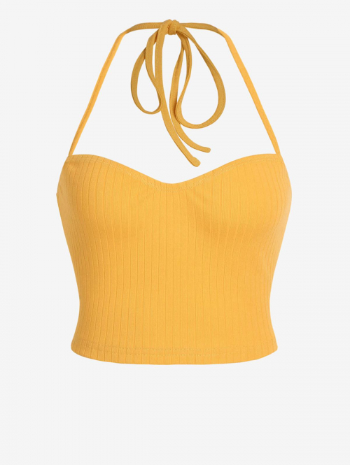 Women Tank Tops ZAFUL Solid Ribbed Halter Tank Top L Yellow