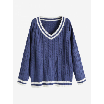 Women Striped Cable Knit Drop Shoulder Jumper Sweater Deep blue