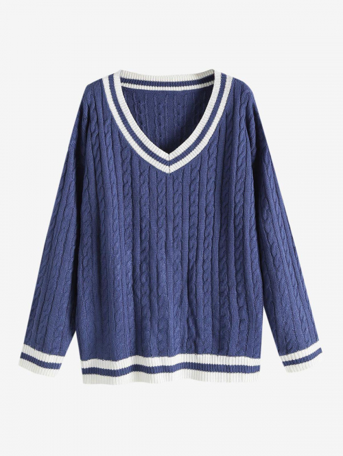 Women Striped Cable Knit Drop Shoulder Jumper Sweater Deep blue