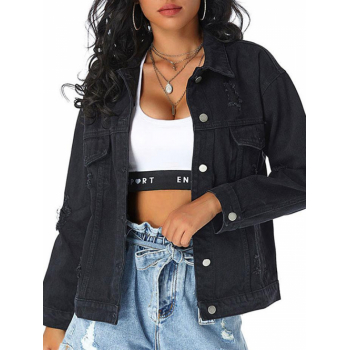 Distressed Drop Shoulder Chest Pocket Denim Jacket Xs Black