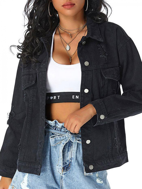 Distressed Drop Shoulder Chest Pocket Denim Jacket Xs Black