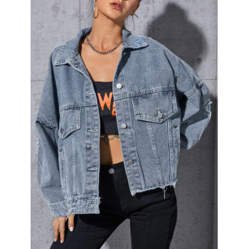 Frayed Ripped Drop Shoulder Patched Jean Jacket M Blue