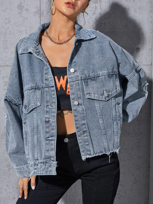 Frayed Ripped Drop Shoulder Patched Jean Jacket M Blue