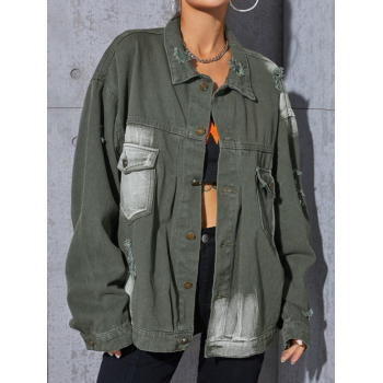 Faded Ripped Pocket Denim Jean Jacket L Deep green