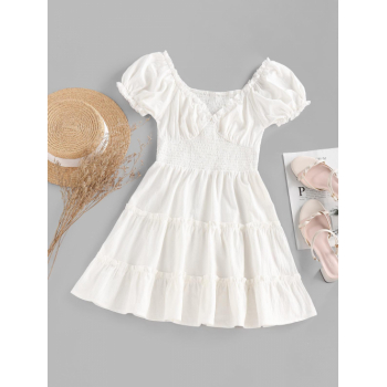 Casual ZAFUL Ruffle Smocked Puff Sleeve Tiered Dress M White