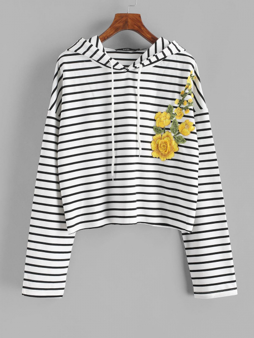 Women Hoodies Drawstring Stripes Floral Embroidered Patched Hoodie L White