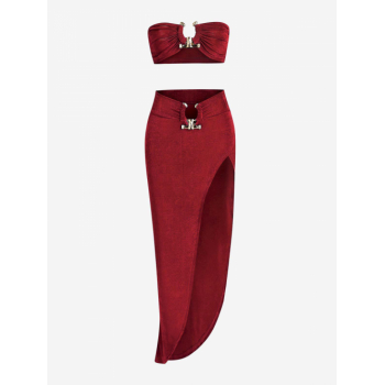 Women's Metal Decor Jersey Bandeau Crop Top And High Slit Skirt Set S Deep red