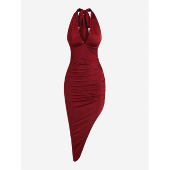 Mini Dress ZAFUL Women's Halter Tied Backless Ruched Slinky Asymmetric Midi Party Vegas Dress M Deep red