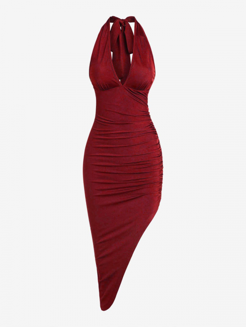 Mini Dress ZAFUL Women's Halter Tied Backless Ruched Slinky Asymmetric Midi Party Vegas Dress M Deep red