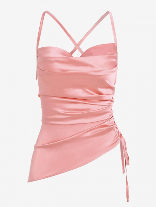 Women Tank Tops ZAFUL Satin Cinched Criss Cross Cowl Front Asymmetrical Camisole M Light pink