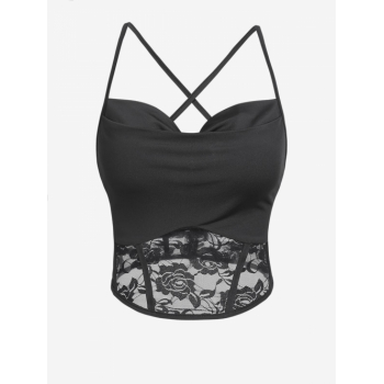 Women Tank Tops ZAFUL Criss Cross Rose Patterned Lace Cowl Front Camisole S Black