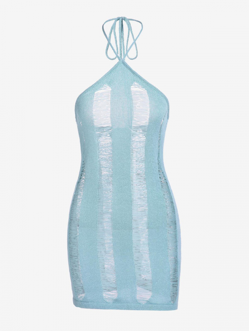 Mini Dress Ripped Knitted Halter Mini Dress L Light blue