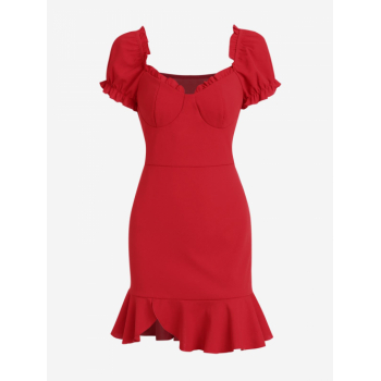 Bodycon Dress ZAFUL Puff Short Sleeves Flounce High Waist Milkmaid Vegas Dress M Deep red