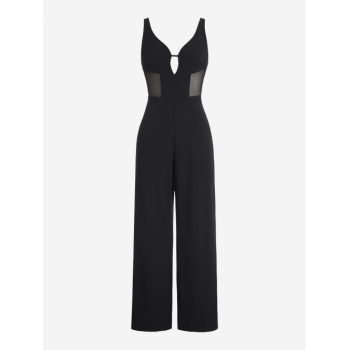 Women Jumpsuit ZAFUL Sheer Waist Keyhole Cut Out Wide Leg Jumpsuit L Black