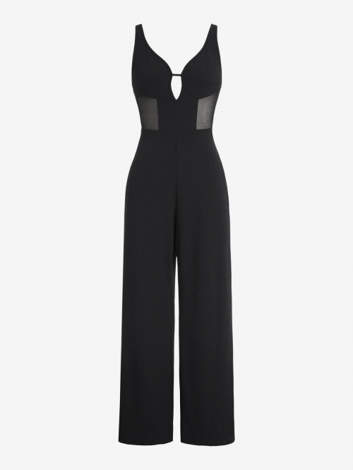 Women Jumpsuit ZAFUL Sheer Waist Keyhole Cut Out Wide Leg Jumpsuit L Black