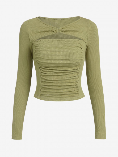 Fashion Women Tees ZAFUL Cut Out O-ring Ribbed Ruched Slim Tee M Light green