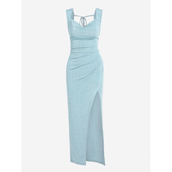 Maxi ZAFUL Jersey Cowl Front Backless Tie Split Maxi Vegas Dress S Light blue