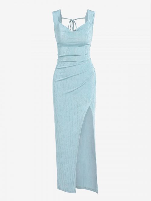 Maxi ZAFUL Jersey Cowl Front Backless Tie Split Maxi Vegas Dress S Light blue