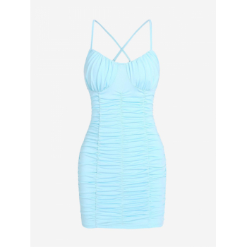 Mini Dress ZAFUL Ruched Cupped Criss Cross Mini Bodycon Dress L Light blue