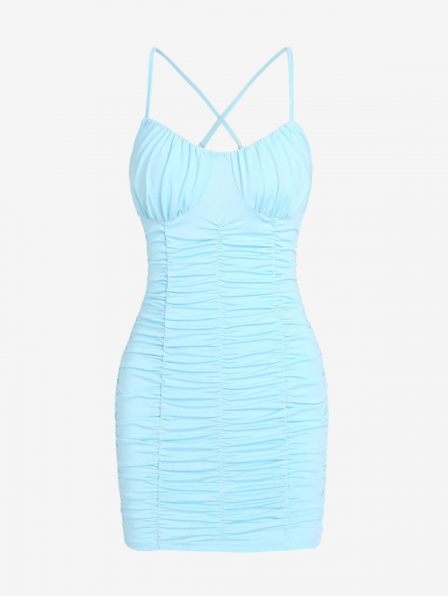 Mini Dress ZAFUL Ruched Cupped Criss Cross Mini Bodycon Dress L Light blue