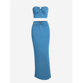 ZAFUL Jersey O Ring Bandeau Slit Maxi Skirt Set M Blue