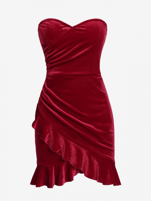 Mini Dress ZAFUL Ruffle Draped Tulip Hem Bandeau Vegas Dress M Red