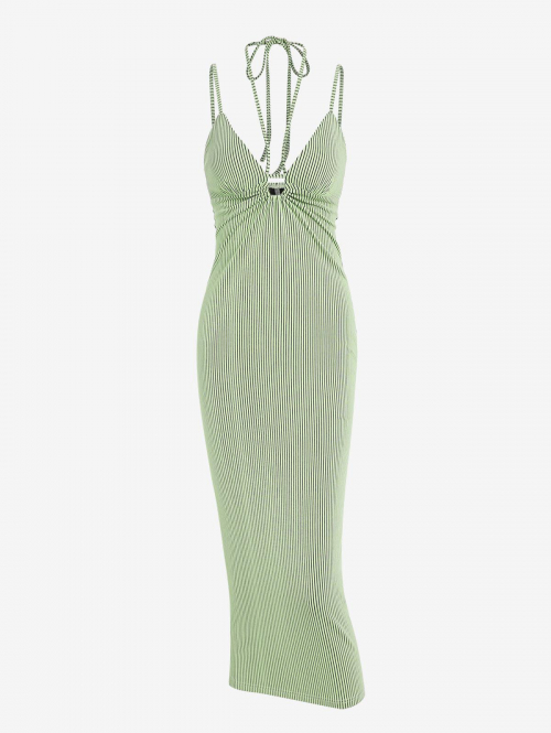 Casual ZAFUL Striped Tie Backless Midi Pencil Dress S Light green