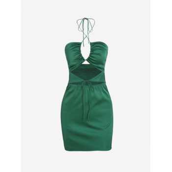 Mini Dress ZAFUL Halter Cut Out Smocked Satin Bodycon Dress S Deep green