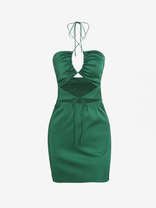 Mini Dress ZAFUL Halter Cut Out Smocked Satin Bodycon Dress S Deep green