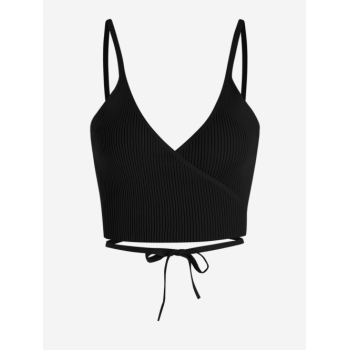 Women Tank Tops Knitted Tie Sexy Wrap High Stretch Cami Crop Top Summer Vacation lightweight Top with Spaghetti Strap Black