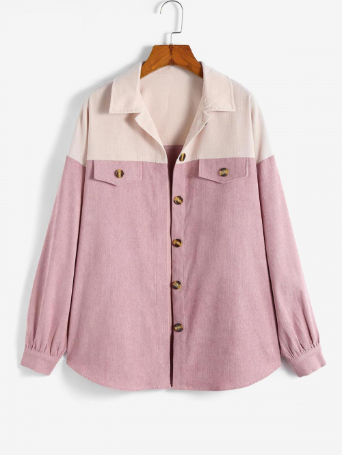 ZAFUL Drop Shoulder Colorblock Curduroy Shacket L Light pink