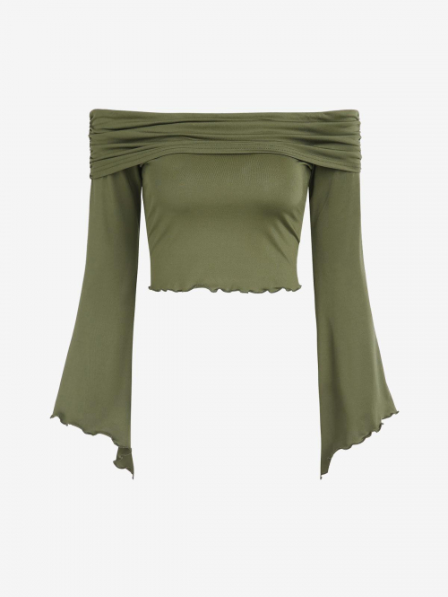 Fashion Women Tees ZAFUL Asymmetrical Sleeve Ruched Overlap Off Shoulder Tee L Deep green