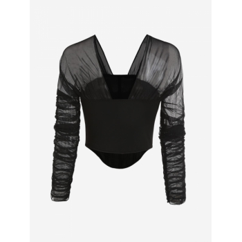 Fashion Women Tees Convertible Collar See Thru Mesh Insert Gathered Sleeve Corset Bandage Top L Black