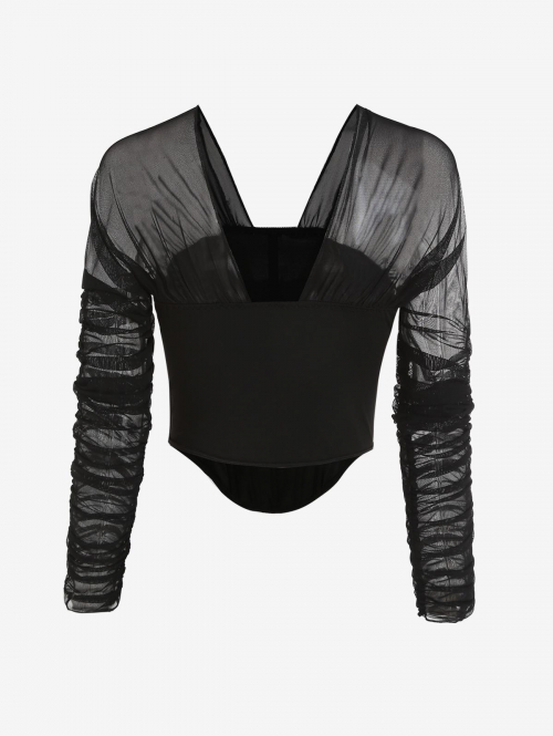 Fashion Women Tees Convertible Collar See Thru Mesh Insert Gathered Sleeve Corset Bandage Top L Black