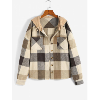 ZAFUL Hooded Plaid Drop Shoulder Pocket Jacket S Coffee