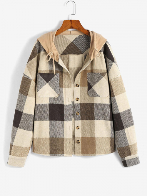 ZAFUL Hooded Plaid Drop Shoulder Pocket Jacket S Coffee