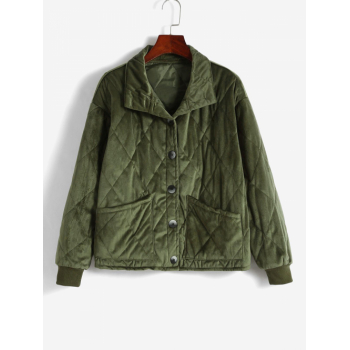 Button Up Pockets Quilted Padded Jacket M Deep green