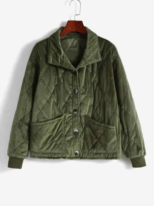 Button Up Pockets Quilted Padded Jacket M Deep green