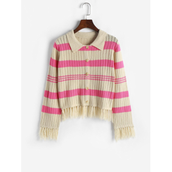 Stripes Pointelle Knit Button Up Tassels Cardigan M Light pink