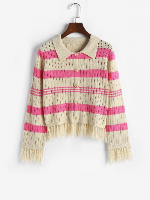 Stripes Pointelle Knit Button Up Tassels Cardigan M Light pink